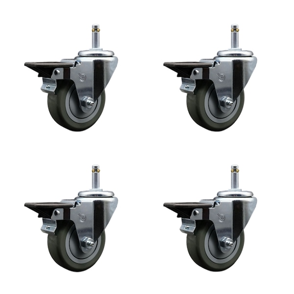 Service Caster 3.5'' Gray Poly Swivel 7/16'' Grip Ring Stem Caster Set with Brake, 4PK SCC-GR20S3514-PPUB-PLB-716138-4 - main